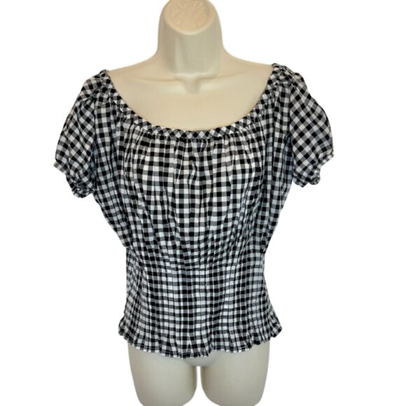 Frankies Bikinis Cider Black Gingham Off-Shoulder Smocked Blouse NWT - Size M - Picture 2 of 5